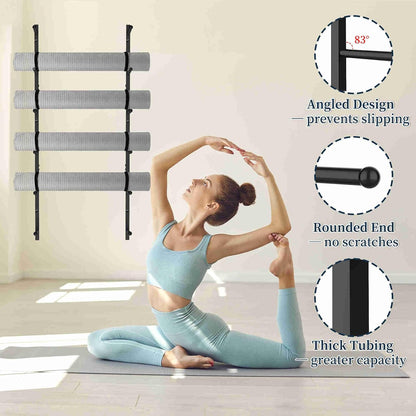 Yoga Mat Holder Wall Mount with 12 Straps, 6 Tier Metal Yoga Mat Storage Rack Home Gym Exercise Workout Equipment Organizer for Foam Roller Resistance Bands