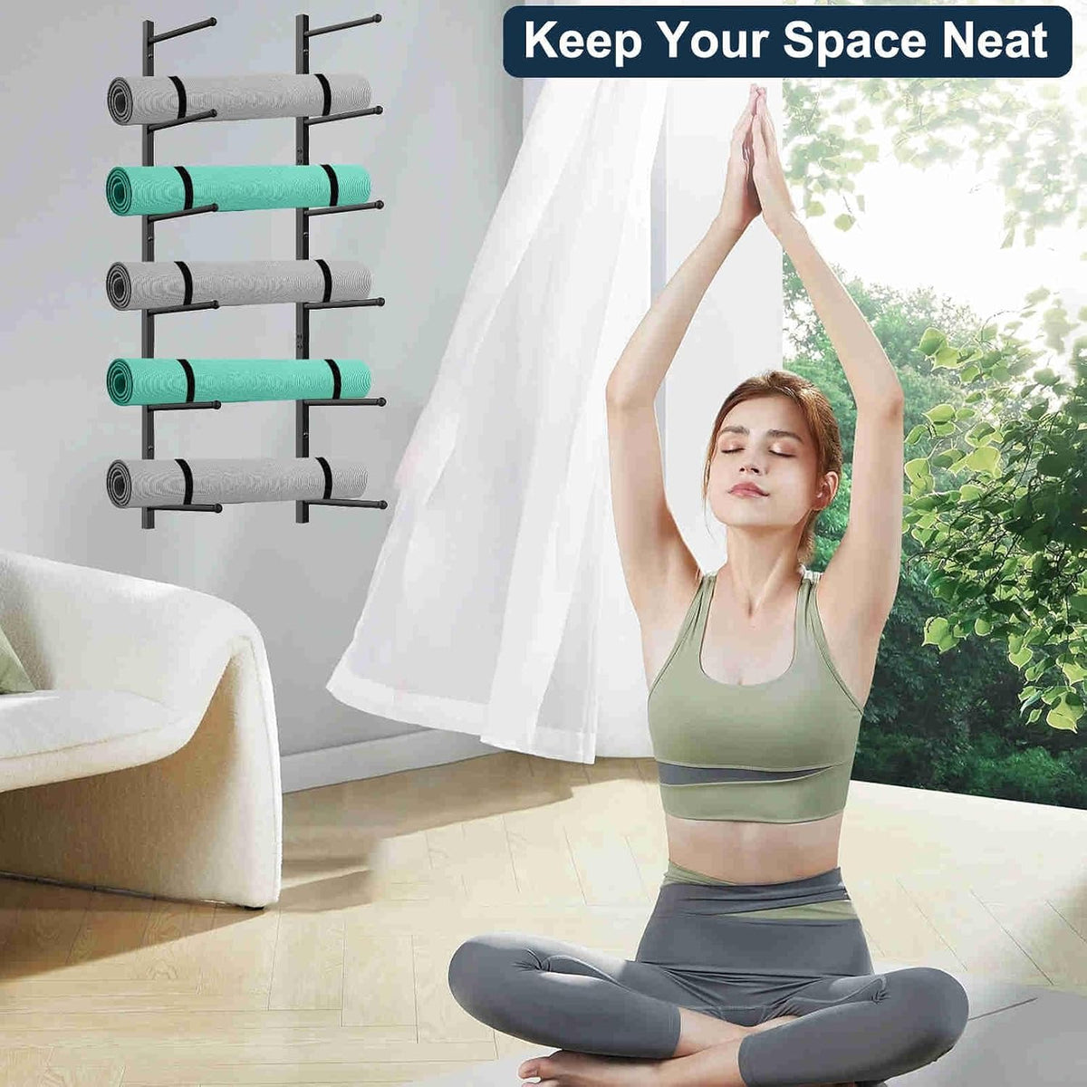 Yoga Mat Holder Wall Mount with 12 Straps, 6 Tier Metal Yoga Mat Storage Rack Home Gym Exercise Workout Equipment Organizer for Foam Roller Resistance Bands