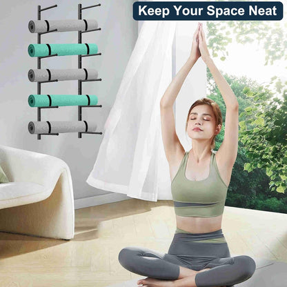 Yoga Mat Holder Wall Mount with 12 Straps, 6 Tier Metal Yoga Mat Storage Rack Home Gym Exercise Workout Equipment Organizer for Foam Roller Resistance Bands