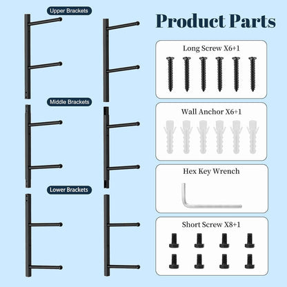 Yoga Mat Holder Wall Mount with 12 Straps, 6 Tier Metal Yoga Mat Storage Rack Home Gym Exercise Workout Equipment Organizer for Foam Roller Resistance Bands