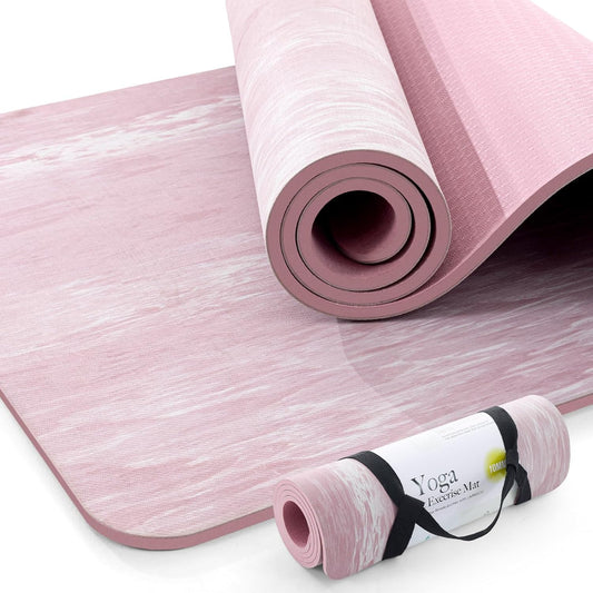 Extra Thick Yoga Mat, 2/5 Inch (10MM), Natural Rubber and TPE Non Slip Yoga Mats with Strap for Women Men, Eco Friendly Exercise Mat for Yoga, Pilates and Home Workout