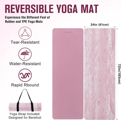 Extra Thick Yoga Mat, 2/5 Inch (10MM), Natural Rubber and TPE Non Slip Yoga Mats with Strap for Women Men, Eco Friendly Exercise Mat for Yoga, Pilates and Home Workout