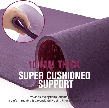 Extra Thick Yoga Mat, 2/5 Inch (10MM), Natural Rubber and TPE Non Slip Yoga Mats with Strap for Women Men, Eco Friendly Exercise Mat for Yoga, Pilates and Home Workout