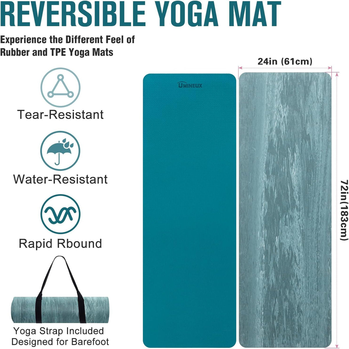 Extra Thick Yoga Mat, 2/5 Inch (10MM), Natural Rubber and TPE Non Slip Yoga Mats with Strap for Women Men, Eco Friendly Exercise Mat for Yoga, Pilates and Home Workout
