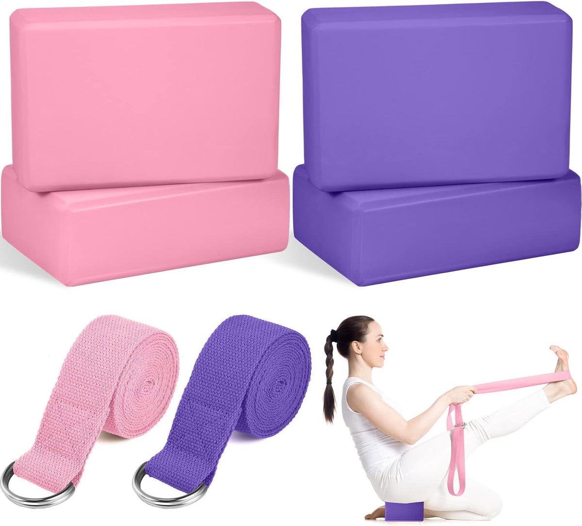 6 Pcs Yoga Block and Strap Set 4 Pcs 9 x 6 x 3 Inches EVA Foam Pilates Block 2 Pcs Cotton Yoga Strap for Beginners Experienced Pilates Fitness Stretching