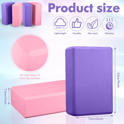 6 Pcs Yoga Block and Strap Set 4 Pcs 9 x 6 x 3 Inches EVA Foam Pilates Block 2 Pcs Cotton Yoga Strap for Beginners Experienced Pilates Fitness Stretching