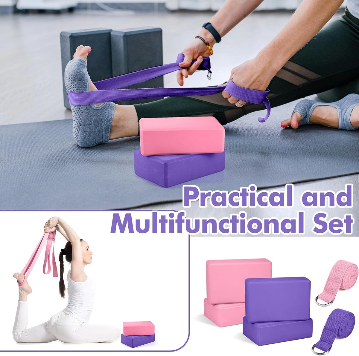 6 Pcs Yoga Block and Strap Set 4 Pcs 9 x 6 x 3 Inches EVA Foam Pilates Block 2 Pcs Cotton Yoga Strap for Beginners Experienced Pilates Fitness Stretching