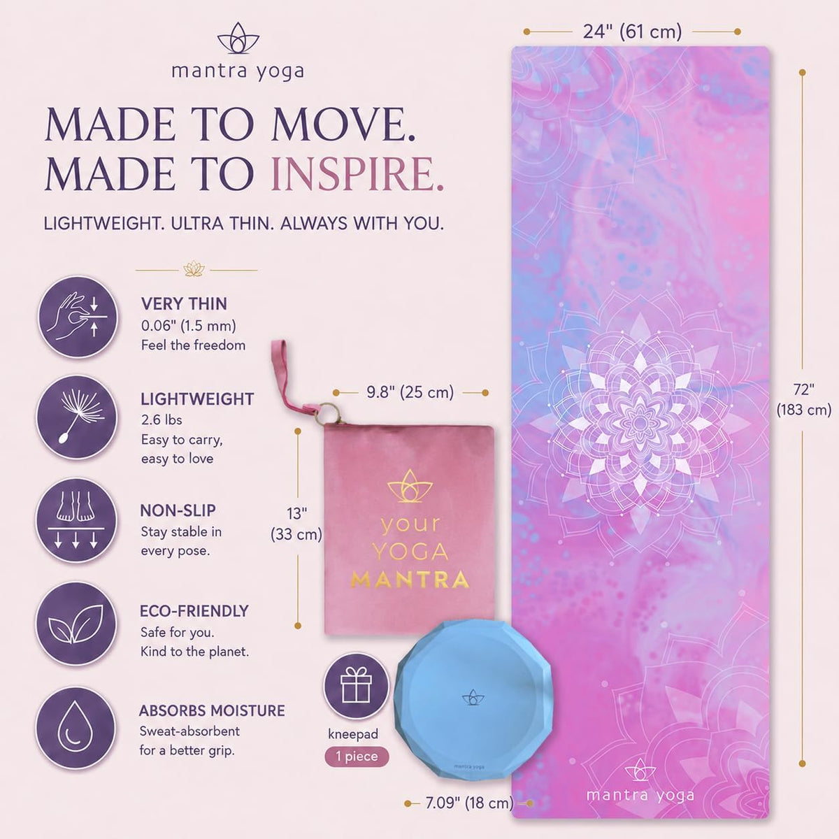 Travel PRO 1.5mm with Knee Pad - Foldable Fitness & Exercise Mat with Bag | Lightweight, Compact & Eco-Friendly | Non-Slip & Washable | For All Types of Yoga | 72" L x 24" W | 2.6 lbs