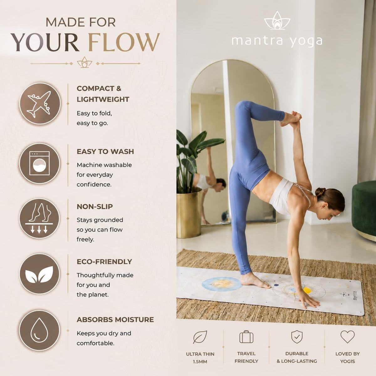 Travel PRO 1.5mm with Knee Pad - Foldable Fitness & Exercise Mat with Bag | Lightweight, Compact & Eco-Friendly | Non-Slip & Washable | For All Types of Yoga | 72" L x 24" W | 2.6 lbs