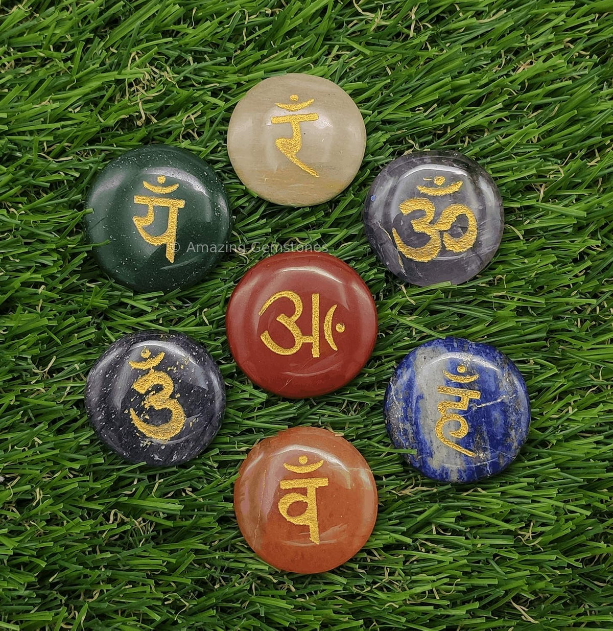 7 Chakra Disc Set Reiki Healing Crystal with Engraved Chakra OM Symbols Holistic Balancing Polished Palm Stones Set with Velvet Pouch