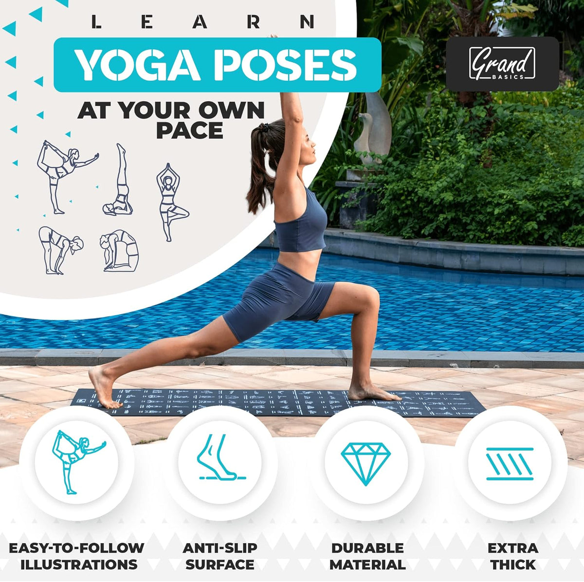 Instructional Yoga Mat with Carrying Strap: Cute Yoga Mat with 75 Illustrated Yoga Poses + 75 Easily-Followed Stretching Exercises - 1/4” Thick, Non-Toxic, Non-Slip Yoga Mats for Women and Men