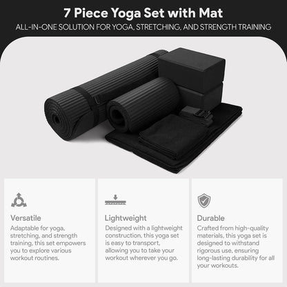 BalanceFrom 7-Piece Yoga Set with 71x24x0.5 Inches Extra Thick Mat and Carrying Sling – Includes 2 Blocks, Stretch Strap, 2 Towels, and Knee Pad for Home, Studio, and Gym Workouts