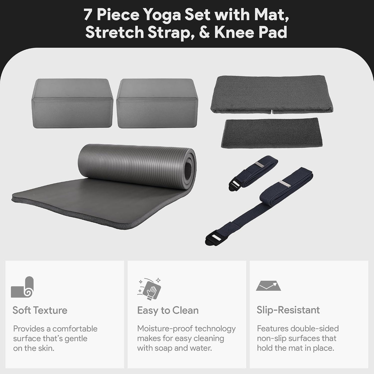 BalanceFrom 7-Piece Yoga Set with 71x24x0.5 Inches Extra Thick Mat and Carrying Sling – Includes 2 Blocks, Stretch Strap, 2 Towels, and Knee Pad for Home, Studio, and Gym Workouts