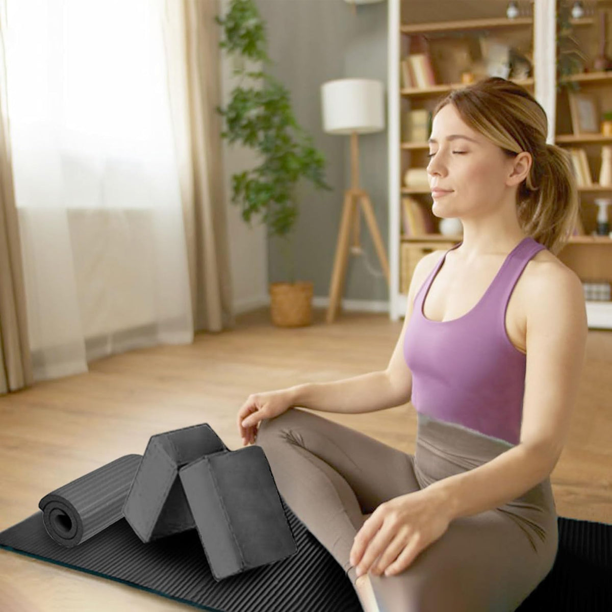 BalanceFrom 7-Piece Yoga Set with 71x24x0.5 Inches Extra Thick Mat and Carrying Sling – Includes 2 Blocks, Stretch Strap, 2 Towels, and Knee Pad for Home, Studio, and Gym Workouts