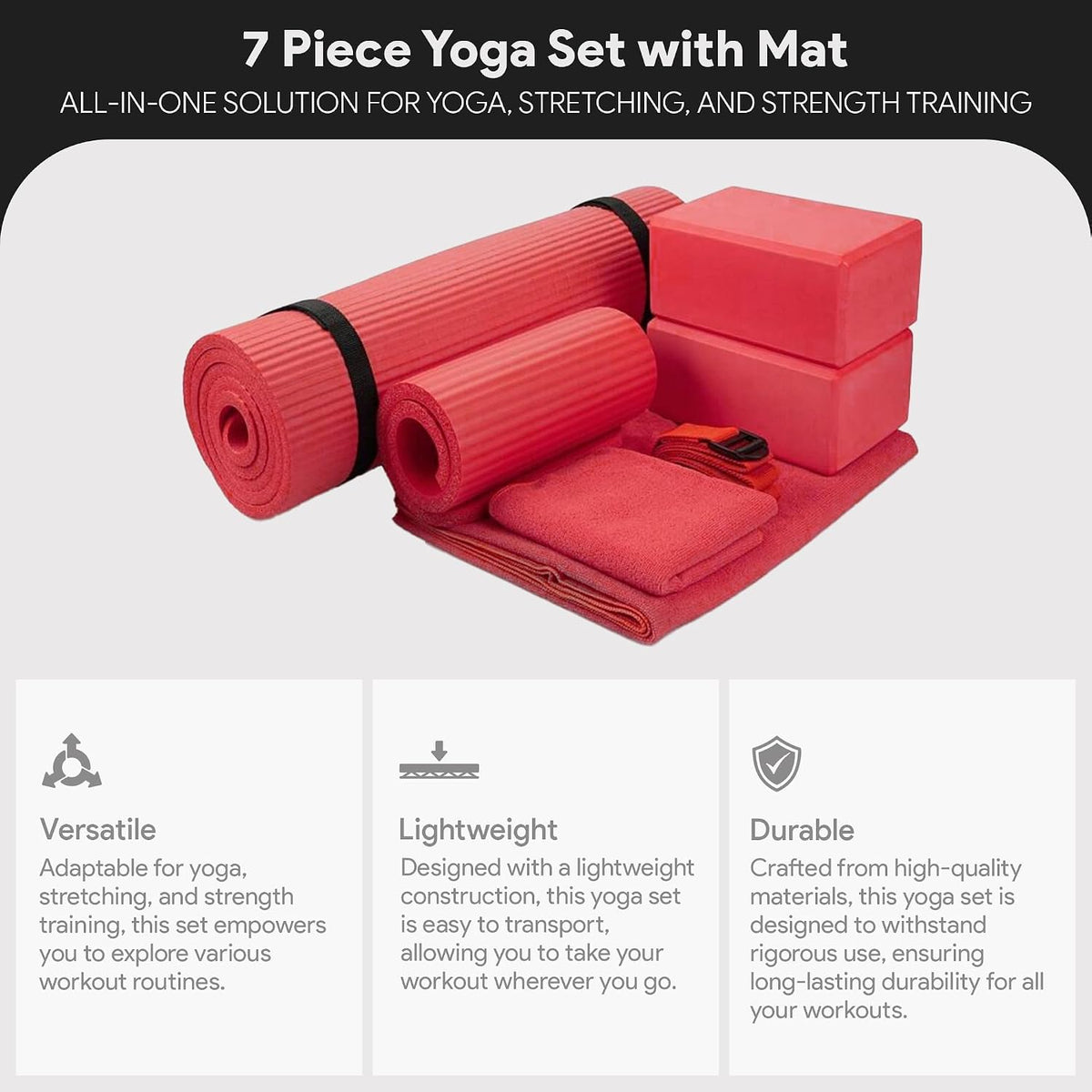 BalanceFrom 7-Piece Yoga Set with 71x24x0.5 Inches Extra Thick Mat and Carrying Sling – Includes 2 Blocks, Stretch Strap, 2 Towels, and Knee Pad for Home, Studio, and Gym Workouts