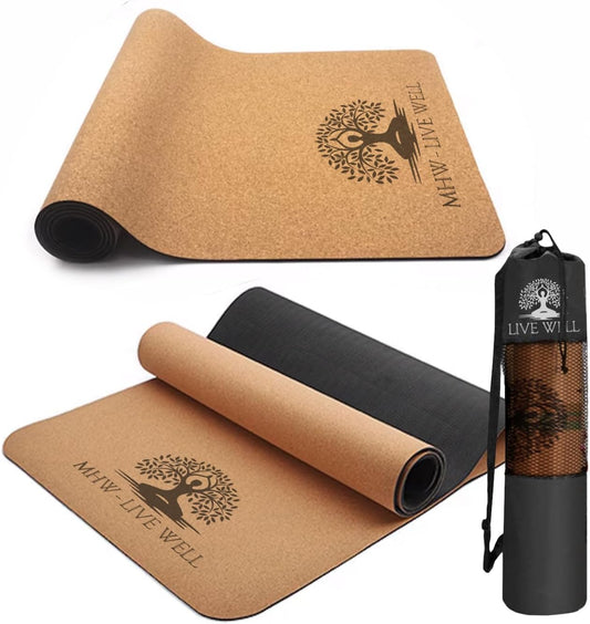 Cork Yoga Exercise Mat | Natural Resists Sweat & Odors | Non-Slip TPE Yoga Mat | Extra Comfort for Hot Yoga, Pilates, and Workouts | 6mm Thick, Eco-Friendly