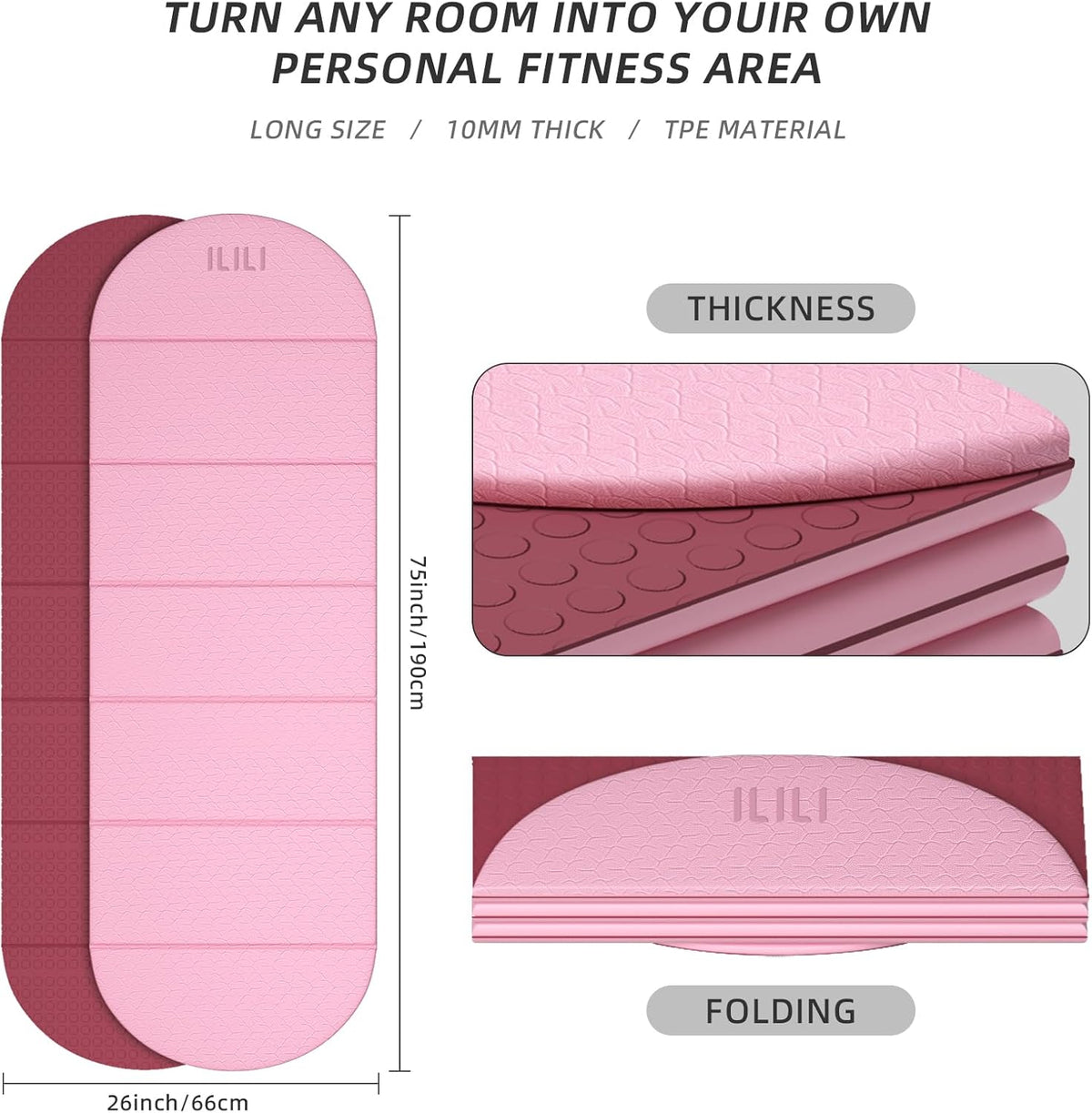 Foldable Yoga Mat, 10mm Thick, 75x26 Inch Extra Long, Exercise Mat