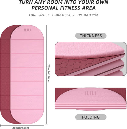 Foldable Yoga Mat, 10mm Thick, 75x26 Inch Extra Long, Exercise Mat