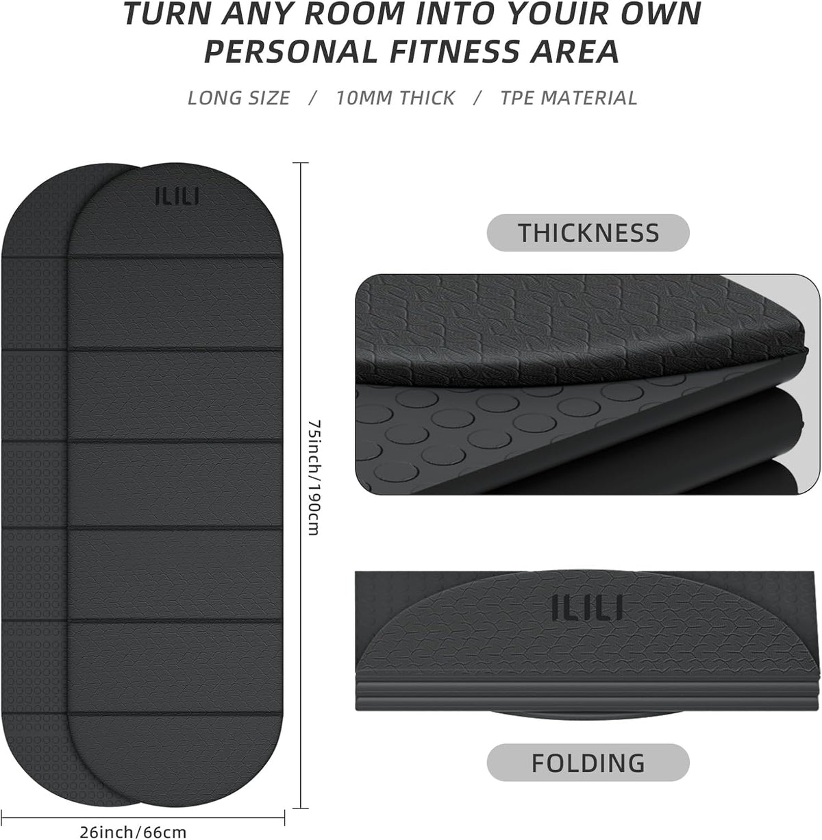 Foldable Yoga Mat, 10mm Thick, 75x26 Inch Extra Long, Exercise Mat