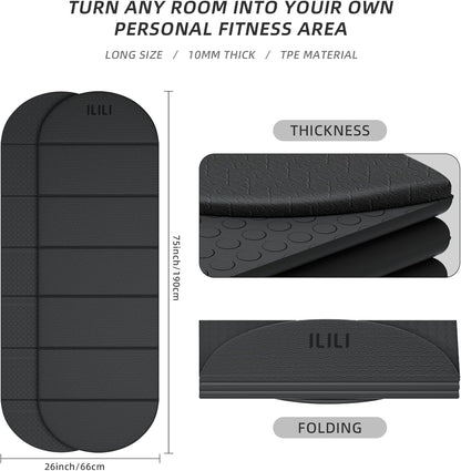 Foldable Yoga Mat, 10mm Thick, 75x26 Inch Extra Long, Exercise Mat