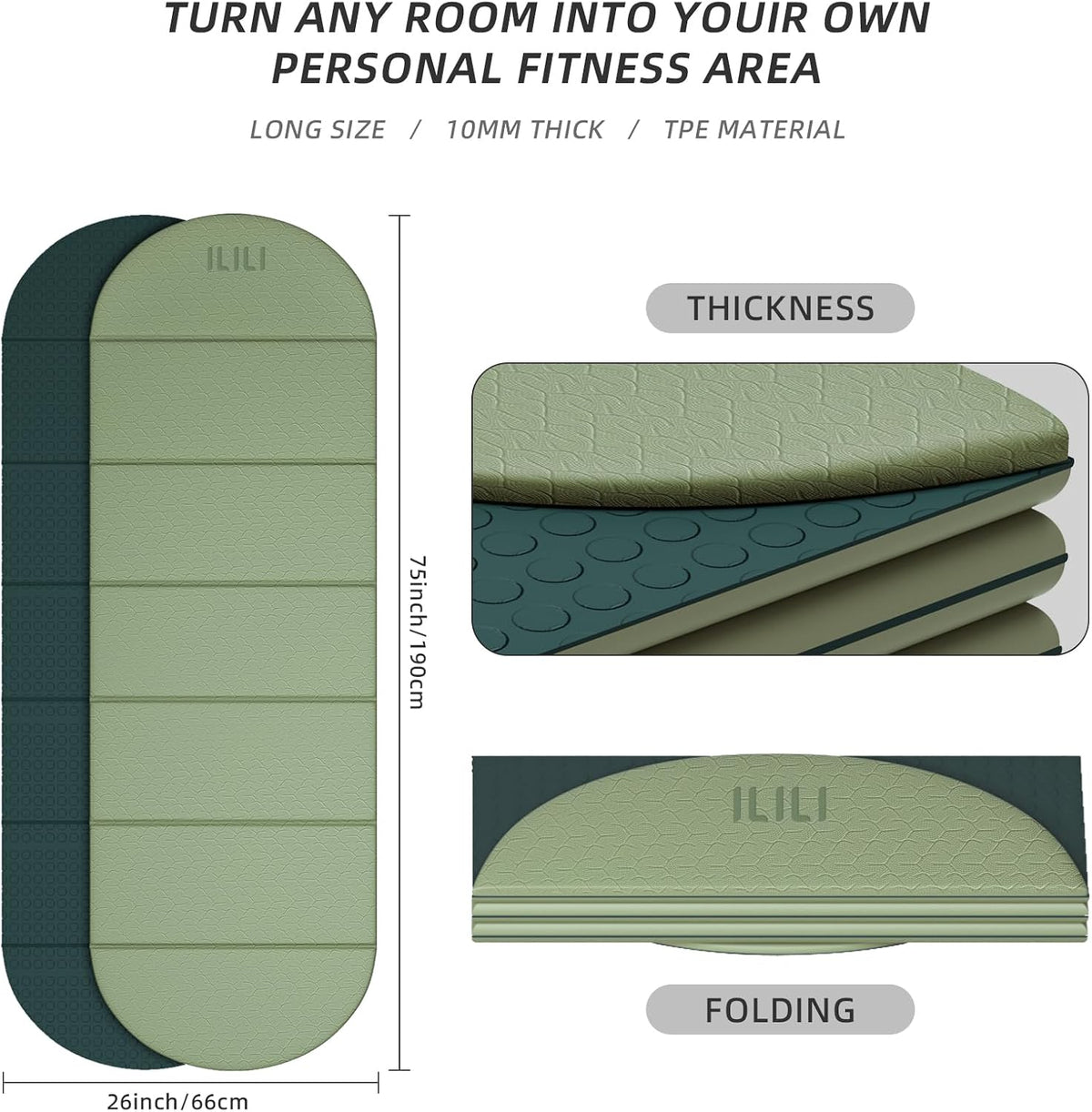Foldable Yoga Mat, 10mm Thick, 75x26 Inch Extra Long, Exercise Mat