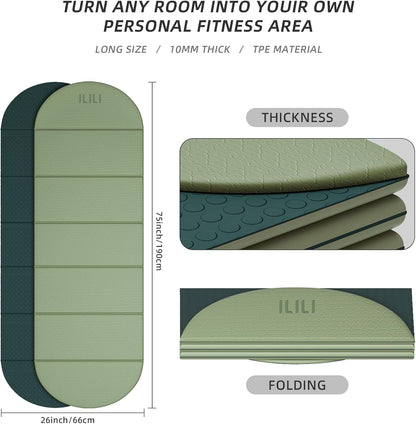 Foldable Yoga Mat, 10mm Thick, 75x26 Inch Extra Long, Exercise Mat
