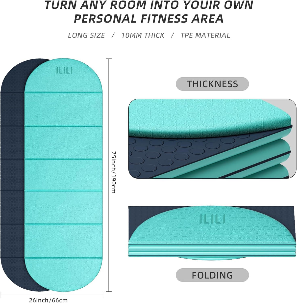 Foldable Yoga Mat, 10mm Thick, 75x26 Inch Extra Long, Exercise Mat