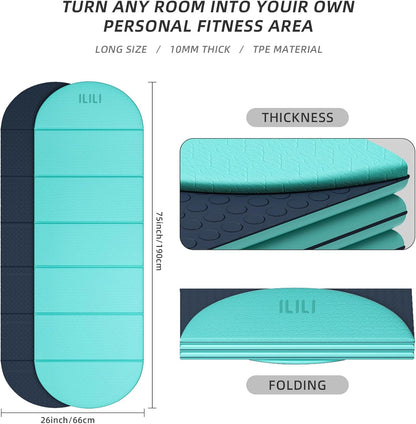 Foldable Yoga Mat, 10mm Thick, 75x26 Inch Extra Long, Exercise Mat