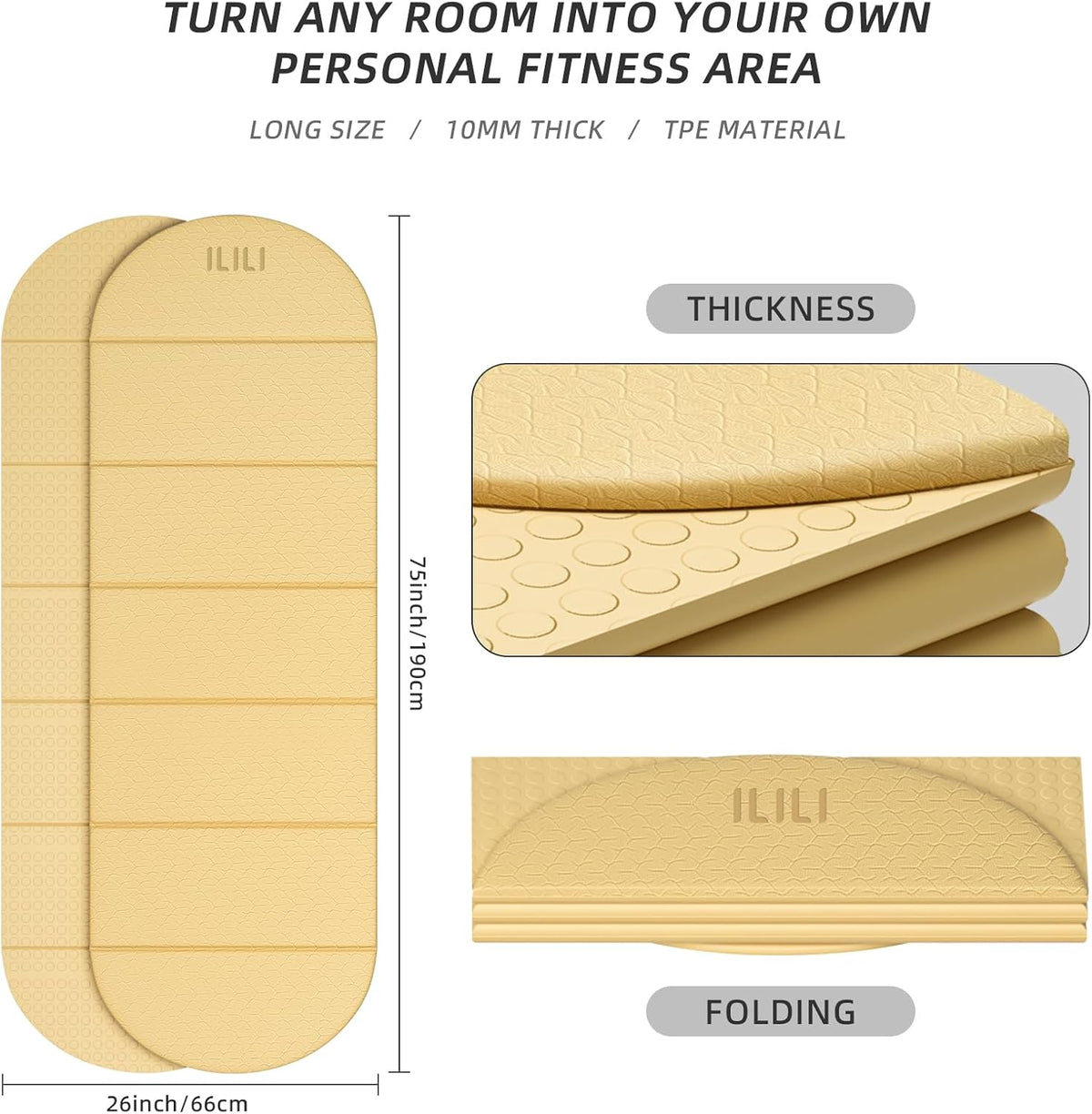 Foldable Yoga Mat, 10mm Thick, 75x26 Inch Extra Long, Exercise Mat