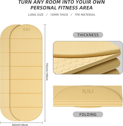 Foldable Yoga Mat, 10mm Thick, 75x26 Inch Extra Long, Exercise Mat
