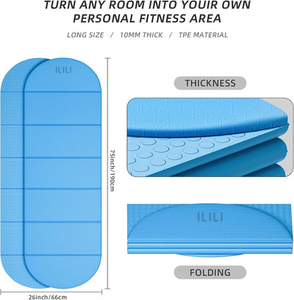 Foldable Yoga Mat, 10mm Thick, 75x26 Inch Extra Long, Exercise Mat