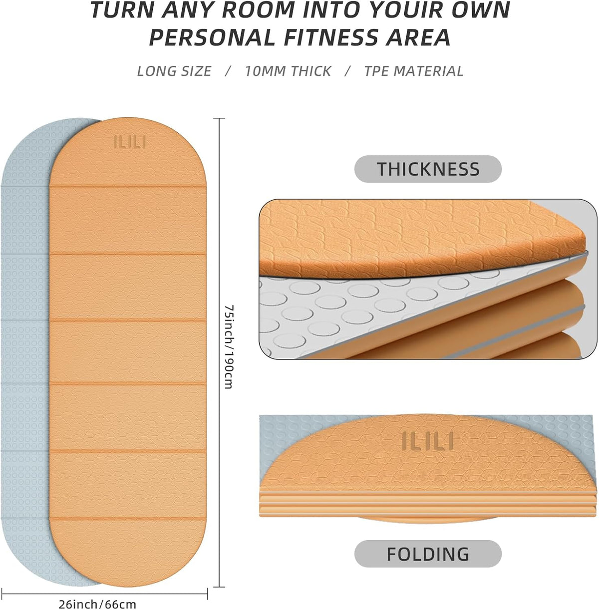 Foldable Yoga Mat, 10mm Thick, 75x26 Inch Extra Long, Exercise Mat