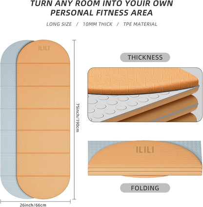 Foldable Yoga Mat, 10mm Thick, 75x26 Inch Extra Long, Exercise Mat