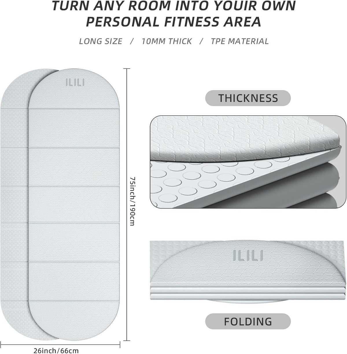 Foldable Yoga Mat, 10mm Thick, 75x26 Inch Extra Long, Exercise Mat