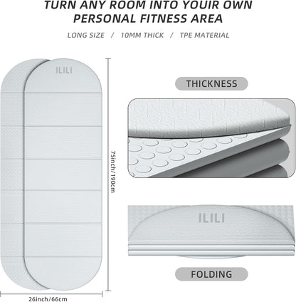 Foldable Yoga Mat, 10mm Thick, 75x26 Inch Extra Long, Exercise Mat