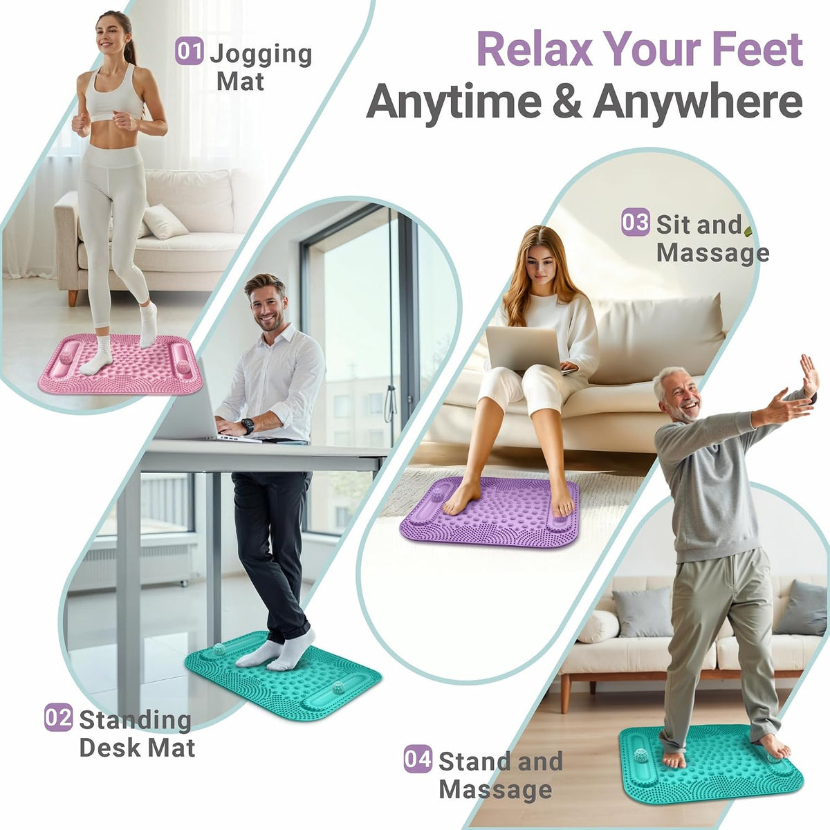Foot Massage Mat with Two Massage Balls, 5-Zone Acupressure & Reflexology Mat for Various Stimulation, Portable Pressure Point Pad for Feet Relaxation, Pain, Fatigue Relief(Purple)