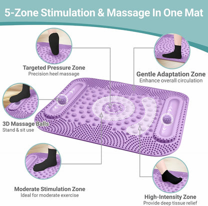 Foot Massage Mat with Two Massage Balls, 5-Zone Acupressure & Reflexology Mat for Various Stimulation, Portable Pressure Point Pad for Feet Relaxation, Pain, Fatigue Relief(Purple)