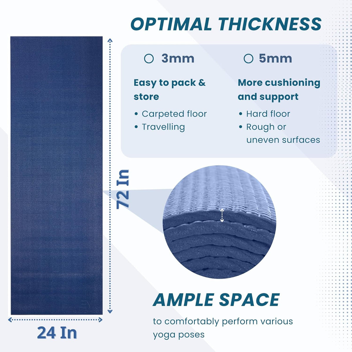 Deluxe Mat, Spacious 72"x24" Non-Slip Yoga Mat for Comfortable Home Workouts, 3-5mm Extra Thick