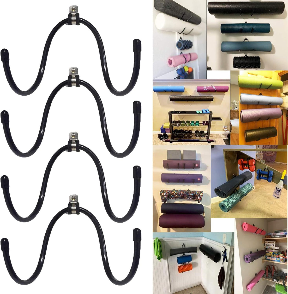 Yoga Mat Foam Rollers Wall Rack Wall Storage Mount Wall Holder Storage Shelf for Foam Rollers and Yoga Mat/Sports Sweat Towel, Up to 20Lbs - No Mat - Upgrade - 4/PK