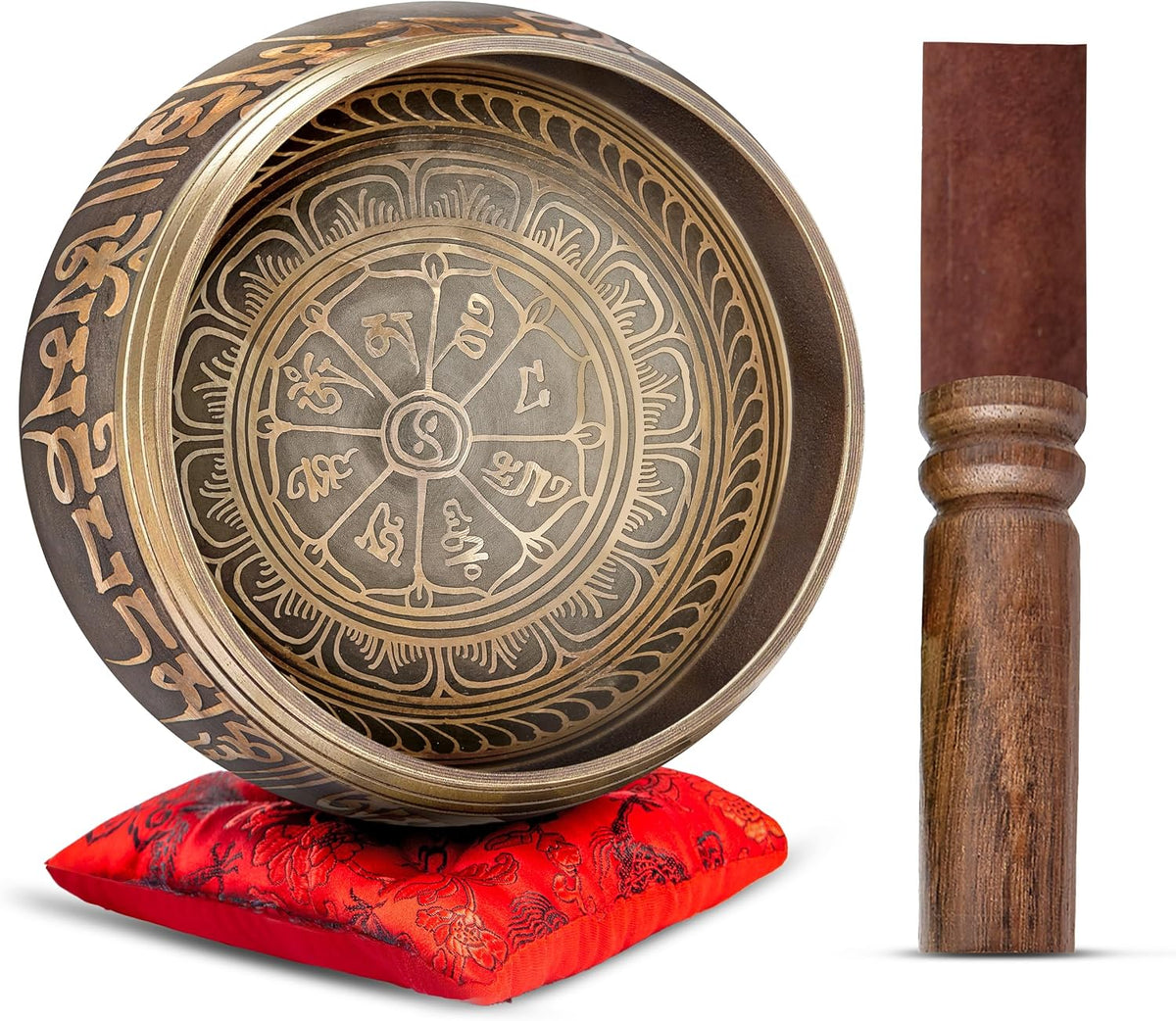 Premium Tibetan Singing Bowl Set – Handmade in Nepal Sound & Meditation Bowl – Spiritual Decor for Yoga, Wellness Spaces & Relaxation (Brown & Red)