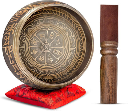 Premium Tibetan Singing Bowl Set – Handmade in Nepal Sound & Meditation Bowl – Spiritual Decor for Yoga, Wellness Spaces & Relaxation (Brown & Red)