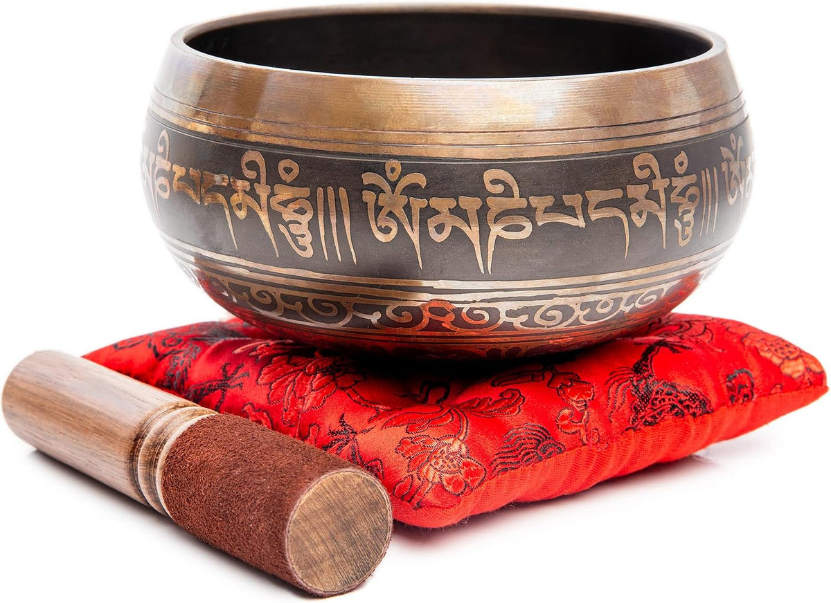 Premium Tibetan Singing Bowl Set – Handmade in Nepal Sound & Meditation Bowl – Spiritual Decor for Yoga, Wellness Spaces & Relaxation (Brown & Red)