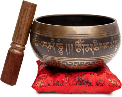 Premium Tibetan Singing Bowl Set – Handmade in Nepal Sound & Meditation Bowl – Spiritual Decor for Yoga, Wellness Spaces & Relaxation (Brown & Red)
