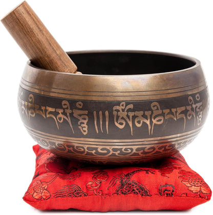 Premium Tibetan Singing Bowl Set – Handmade in Nepal Sound & Meditation Bowl – Spiritual Decor for Yoga, Wellness Spaces & Relaxation (Brown & Red)