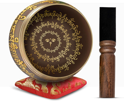 Premium Tibetan Singing Bowl Set – Handmade in Nepal Sound & Meditation Bowl – Spiritual Decor for Yoga, Wellness Spaces & Relaxation (Brown & Red)