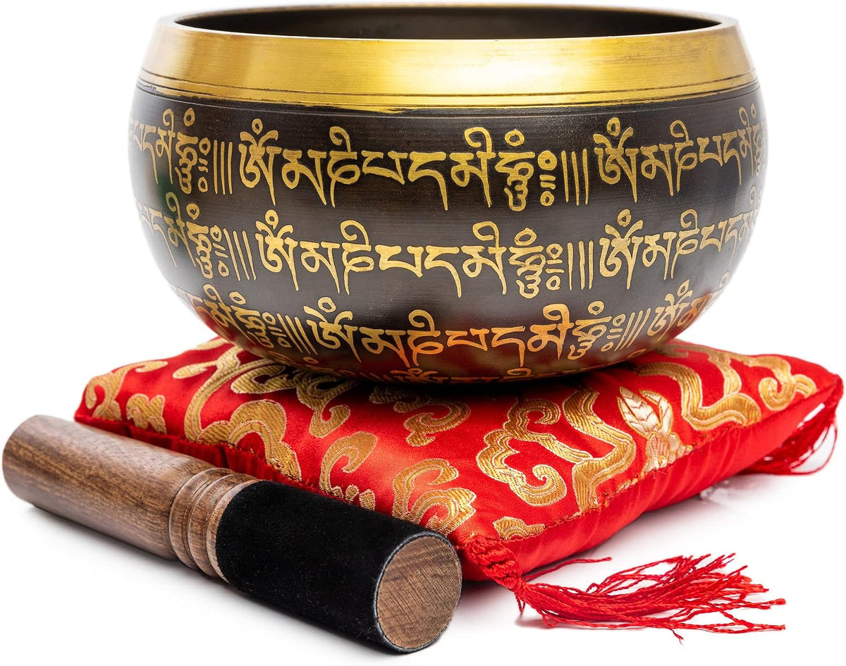 Premium Tibetan Singing Bowl Set – Handmade in Nepal Sound & Meditation Bowl – Spiritual Decor for Yoga, Wellness Spaces & Relaxation (Brown & Red)
