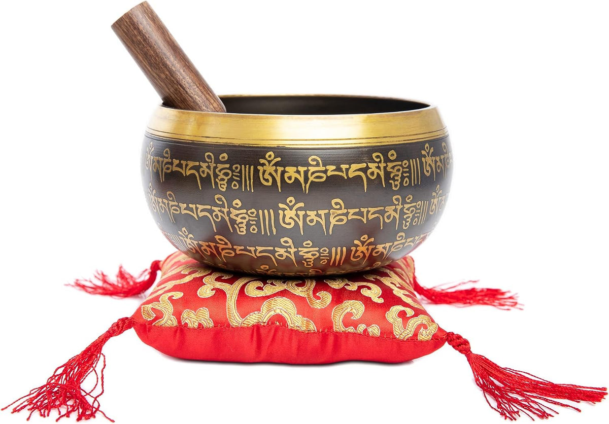 Premium Tibetan Singing Bowl Set – Handmade in Nepal Sound & Meditation Bowl – Spiritual Decor for Yoga, Wellness Spaces & Relaxation (Brown & Red)
