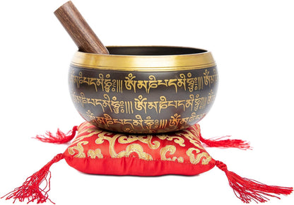 Premium Tibetan Singing Bowl Set – Handmade in Nepal Sound & Meditation Bowl – Spiritual Decor for Yoga, Wellness Spaces & Relaxation (Brown & Red)