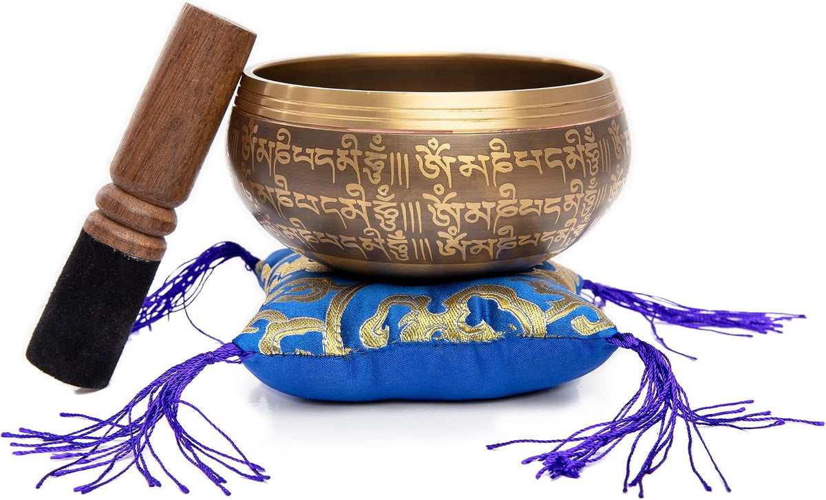 Premium Tibetan Singing Bowl Set – Handmade in Nepal Sound & Meditation Bowl – Spiritual Decor for Yoga, Wellness Spaces & Relaxation (Brown & Red)