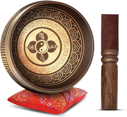 Premium Tibetan Singing Bowl Set – Handmade in Nepal Sound & Meditation Bowl – Spiritual Decor for Yoga, Wellness Spaces & Relaxation (Brown & Red)